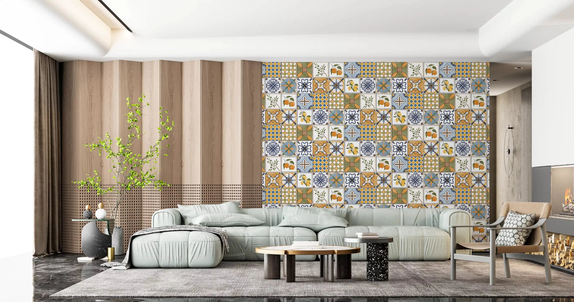 Majolica Wallpaper in soft blue, yellow, olive, and white tile layout, GD9113