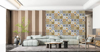 Majolica Wallpaper in soft blue, yellow, olive, and white tile layout, GD9113