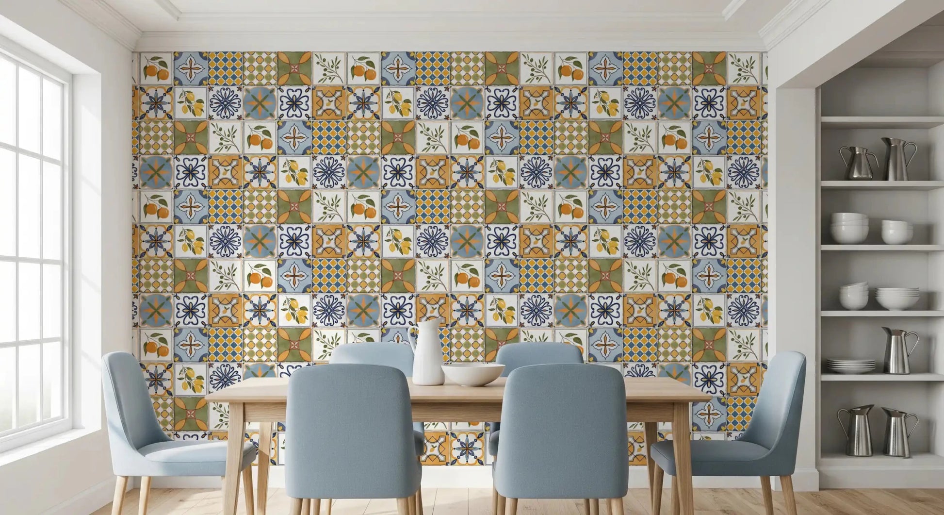 Mediterranean Majolica wallpaper with olive branches and decorative tile repeats, GD9113