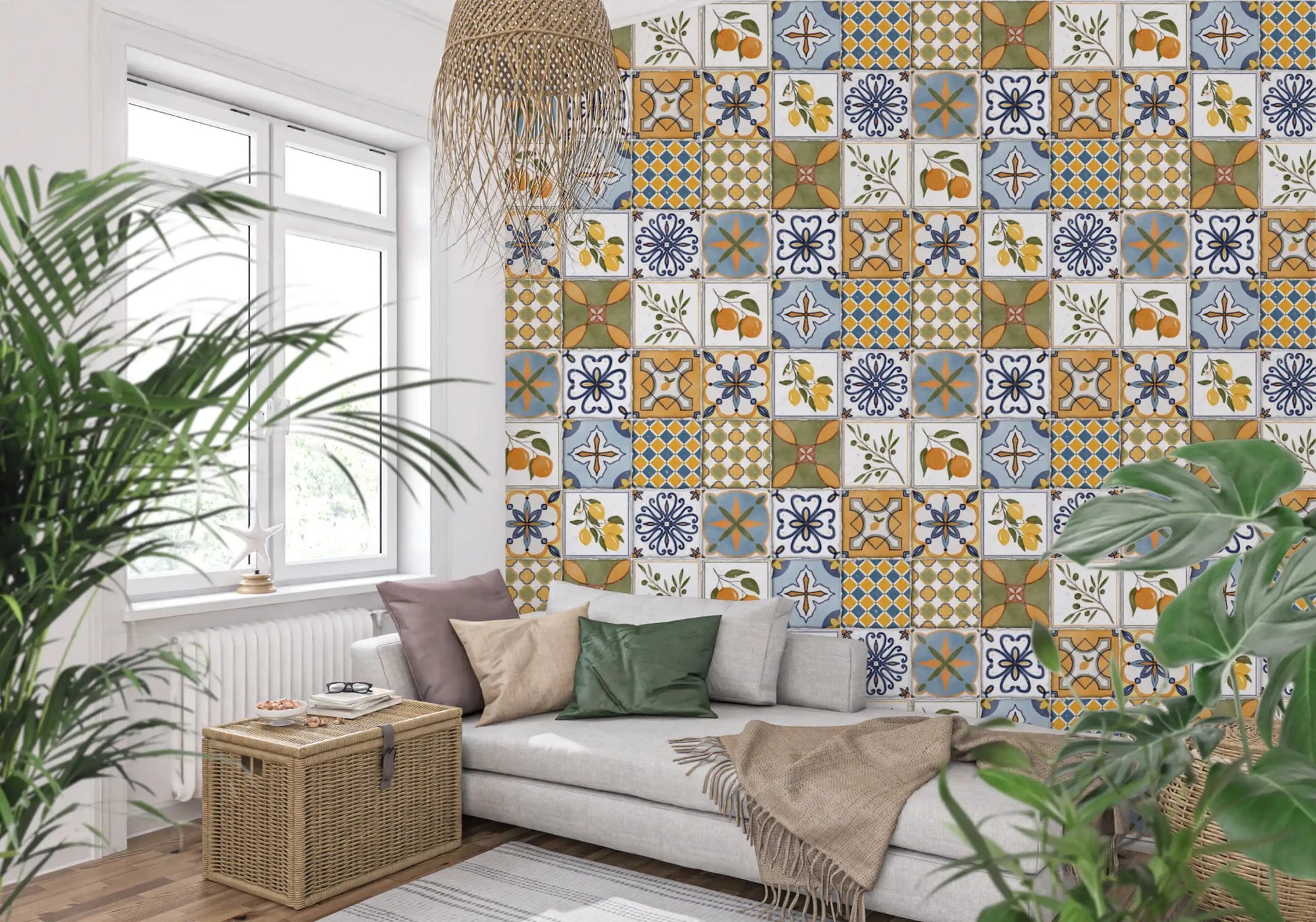 Majolica Tiles wallpaper featuring lemon panels and blue ornamental motifs, GD9113