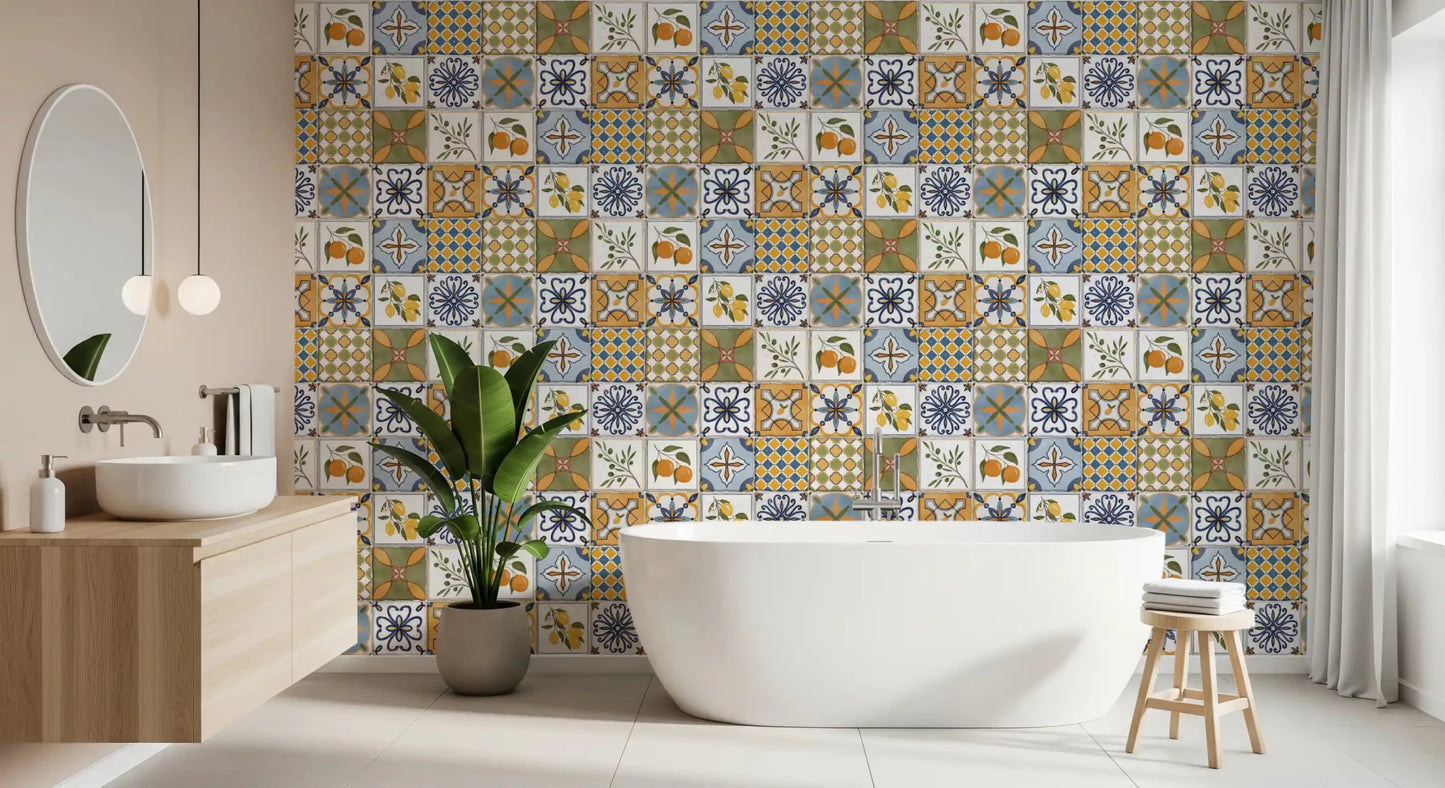 Mediterranean Majolica Tiles wallpaper with floral medallions and fruit accents, GD9113
