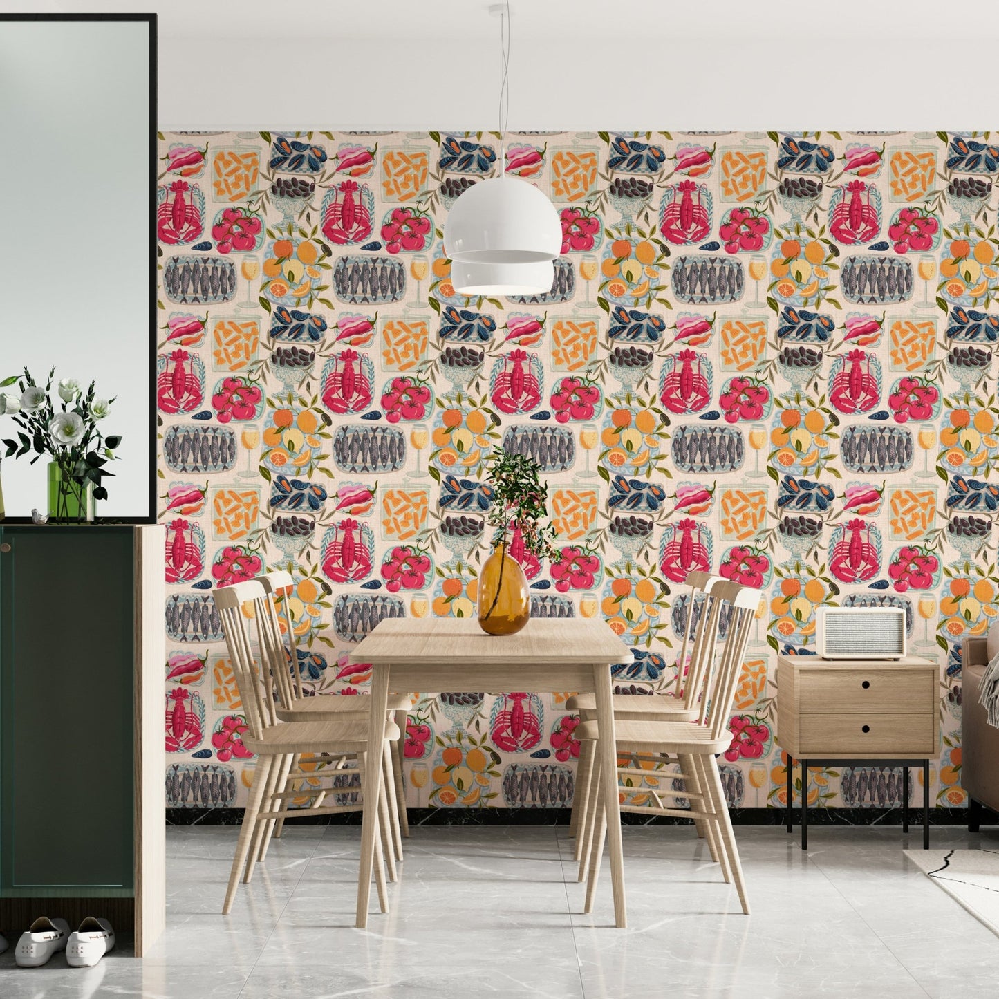 Dining area with vibrant food wallpaper design

