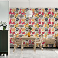Dining area with vibrant food wallpaper design

