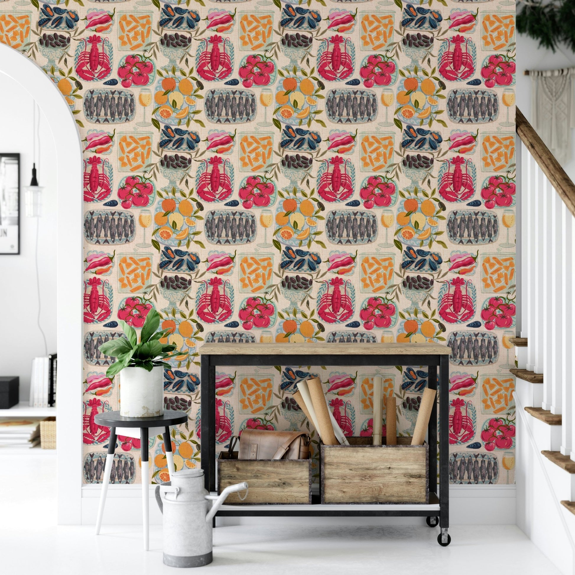 Colorful Mediterranean culinary pattern wallpaper

