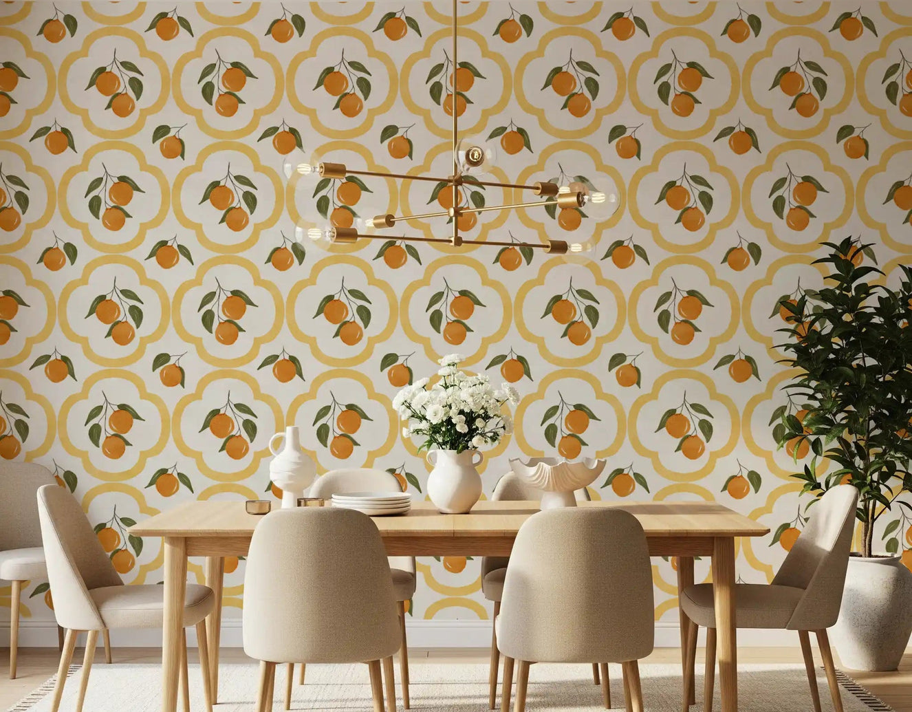 Dining room showcasing the Mediterranean Oranges Decor Wallpaper ⁠GD9139