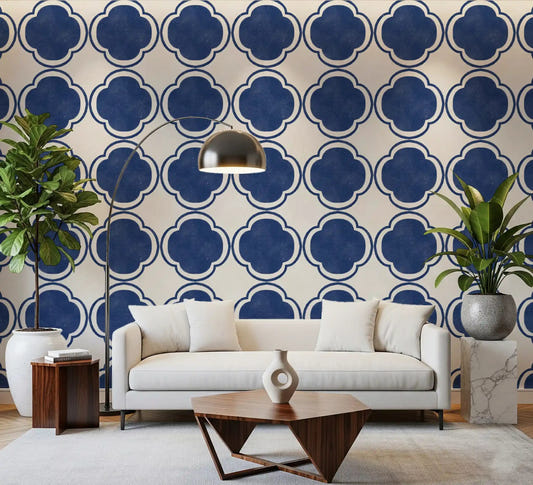 Modern living room walls featuring this Mediterranean Blue wallpaperGD9145