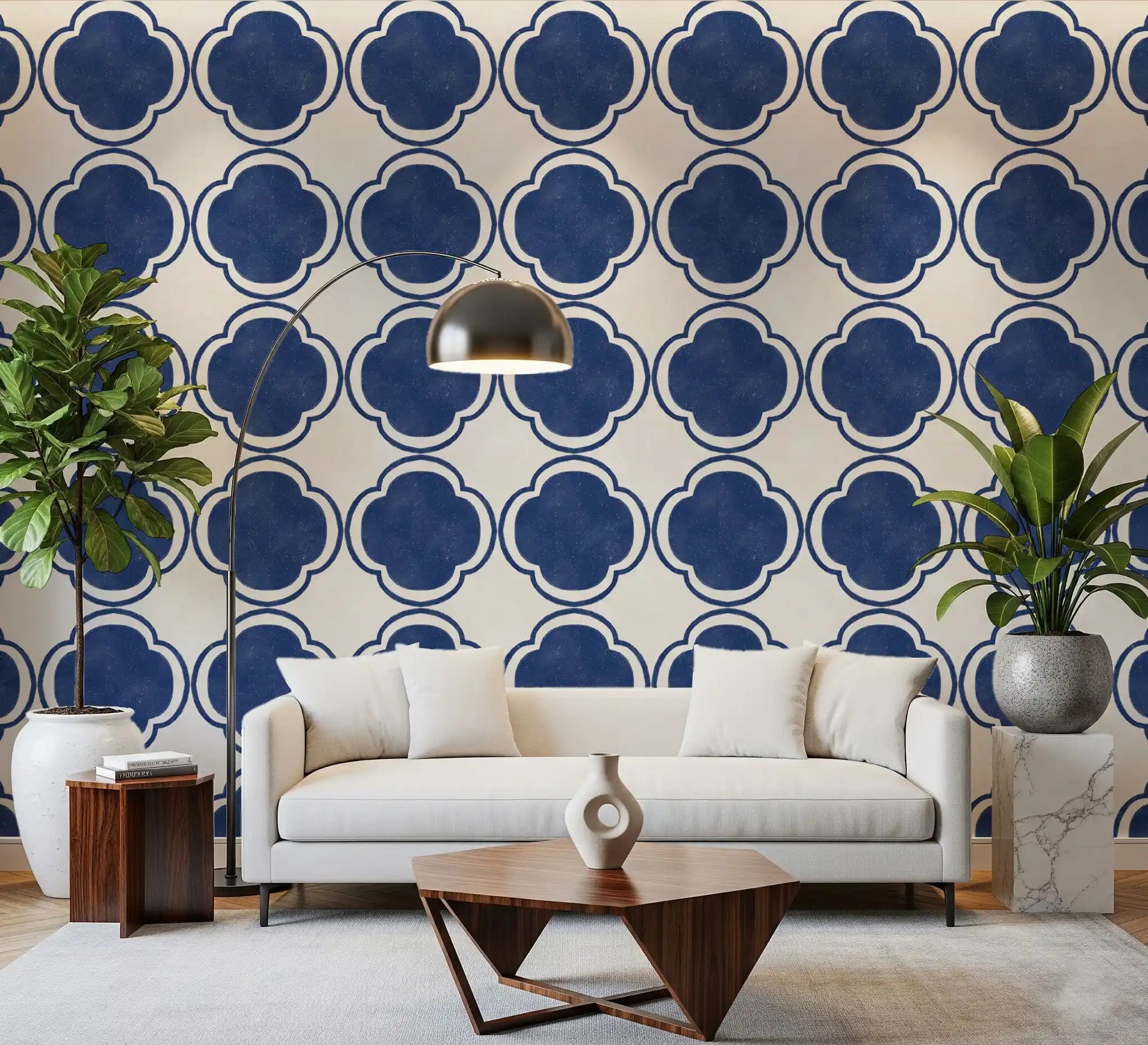 Modern living room walls featuring this Mediterranean Blue wallpaperGD9145