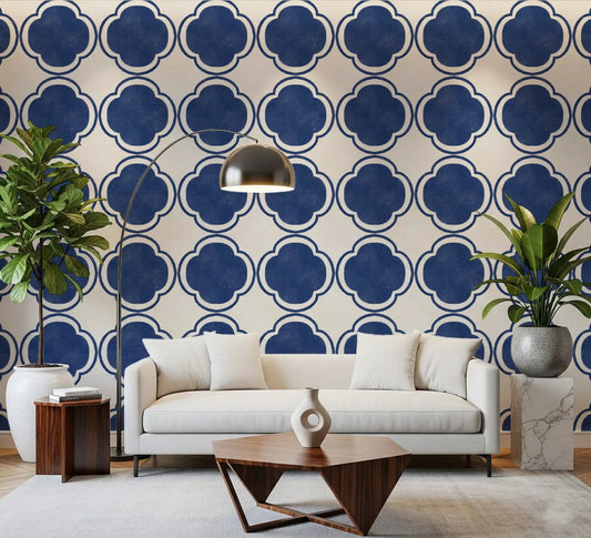Modern living room walls featuring this Mediterranean Blue wallpaperGD9145