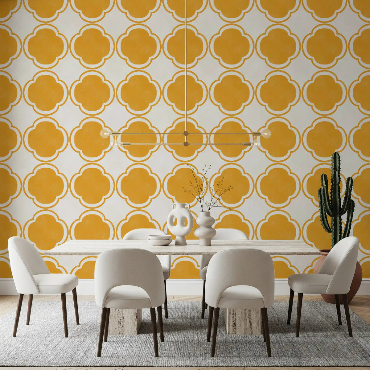 Sunny dining room featuring Mediterranean Quatrefoil wallpaper ⁠GD9143