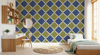 Mediterranean Rustic Checkerboard Aged Decoration - Blue - Olive Wallpaper⁠GD9150