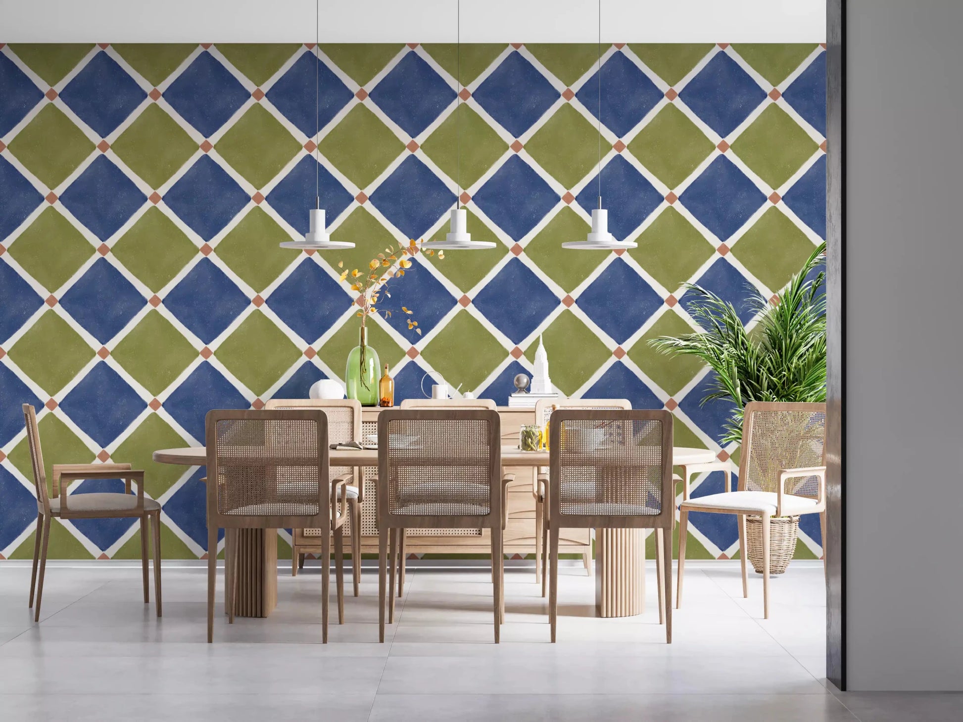 Mediterranean Rustic Checkerboard Aged Decoration - Blue - Olive Wallpaper⁠GD9150