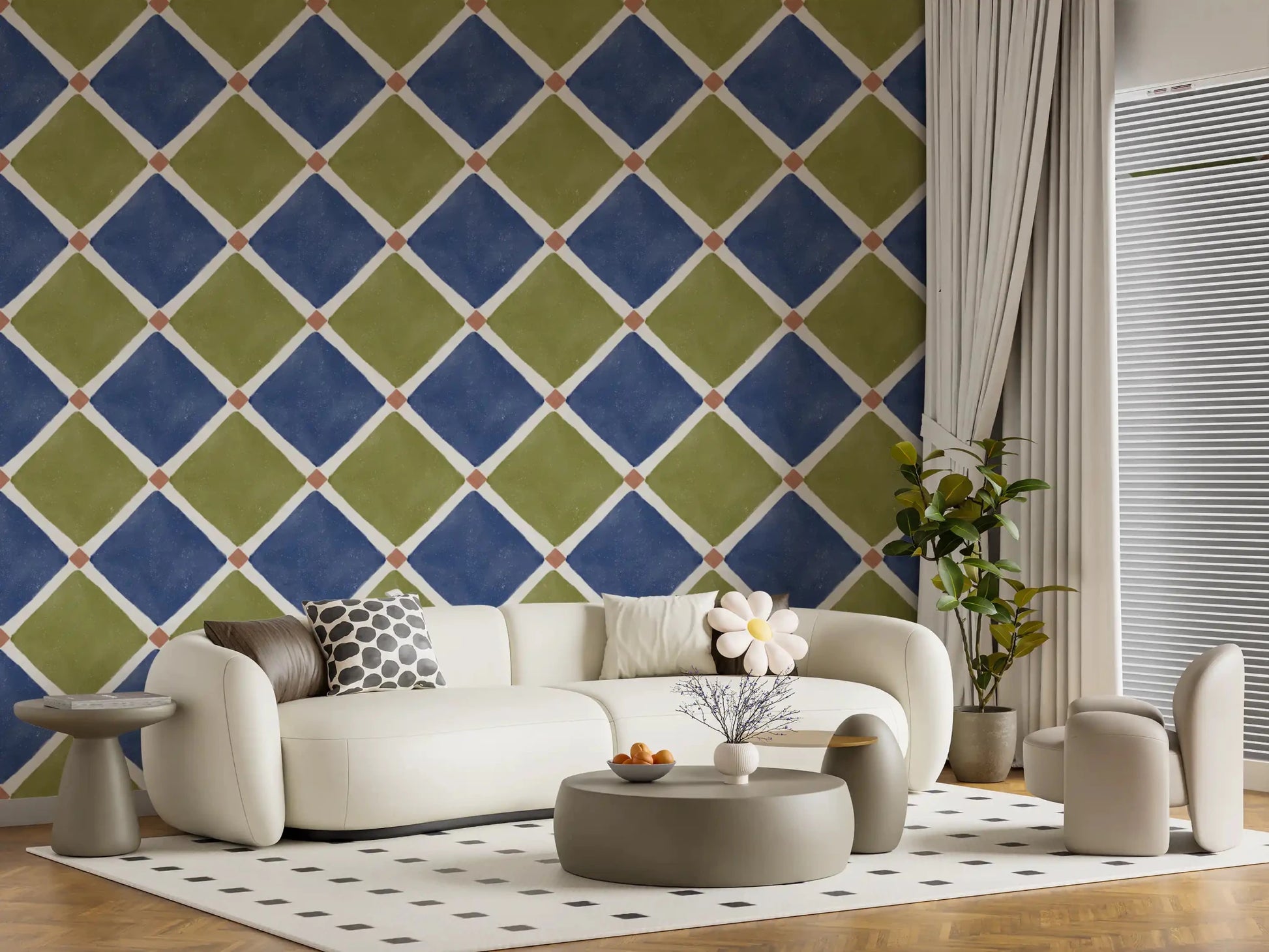 Mediterranean Rustic Checkerboard Aged Decoration - Blue - Olive Wallpaper⁠GD9150