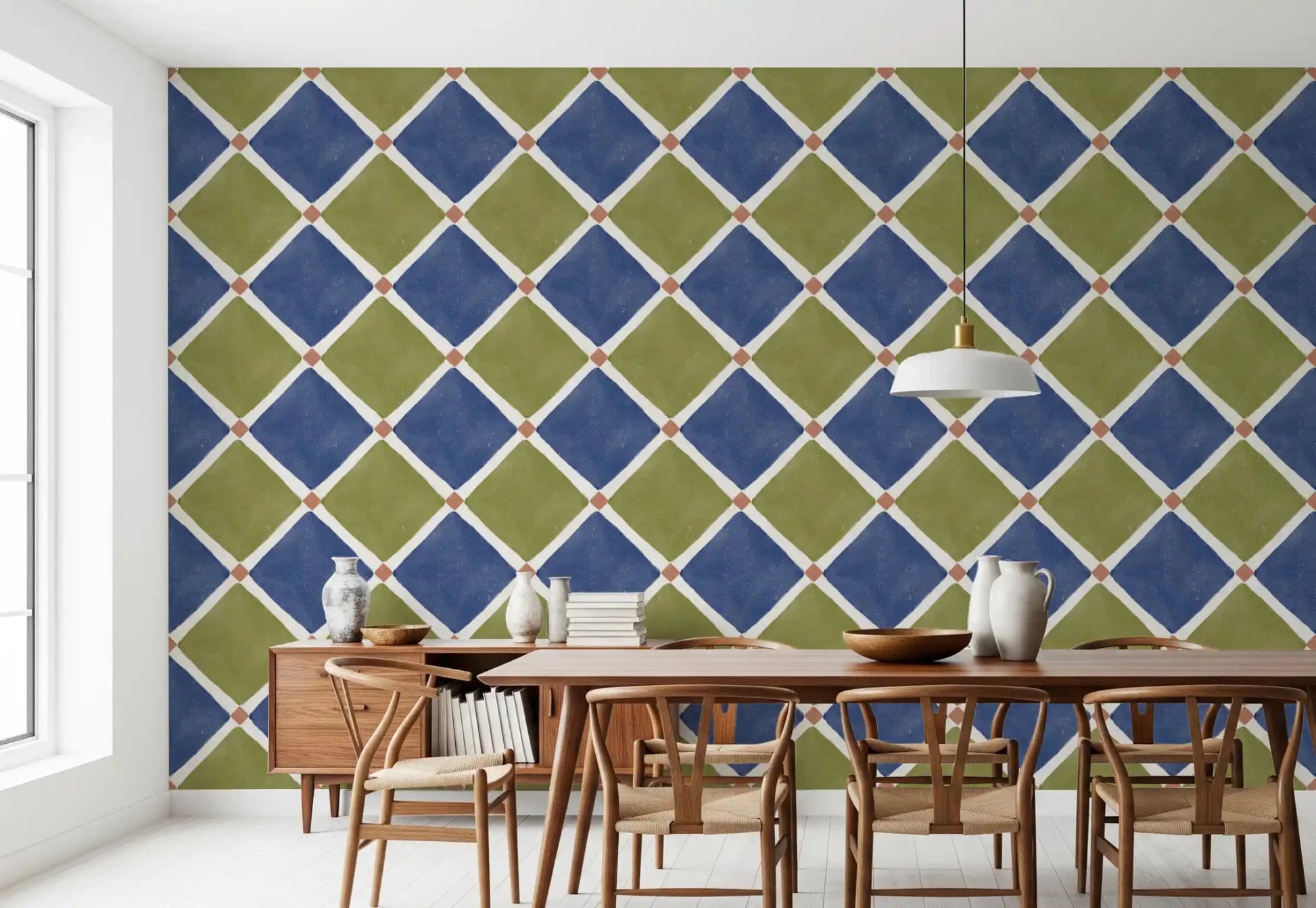Mediterranean Rustic Checkerboard Aged Decoration - Blue - Olive Wallpaper⁠GD9150