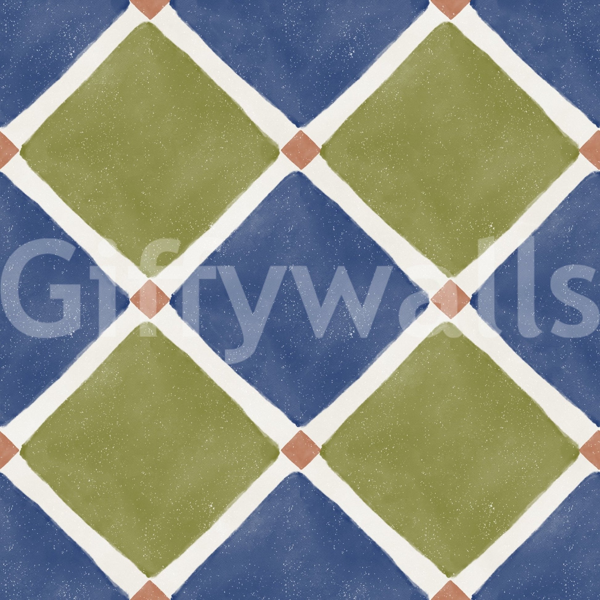 Mediterranean Rustic Checkerboard Aged Decoration - Blue - Olive Wallpaper⁠GD9150