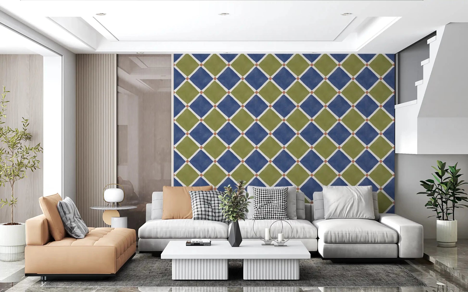 Mediterranean Rustic Checkerboard Aged Decoration - Blue - Olive Wallpaper⁠GD9150