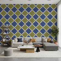 Mediterranean Rustic Checkerboard Aged Decoration - Blue - Olive Wallpaper⁠GD9150