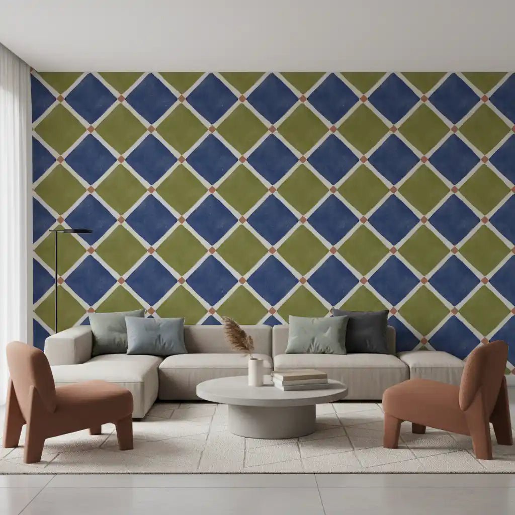Mediterranean Rustic Checkerboard Aged Decoration - Blue - Olive Wallpaper⁠GD9150