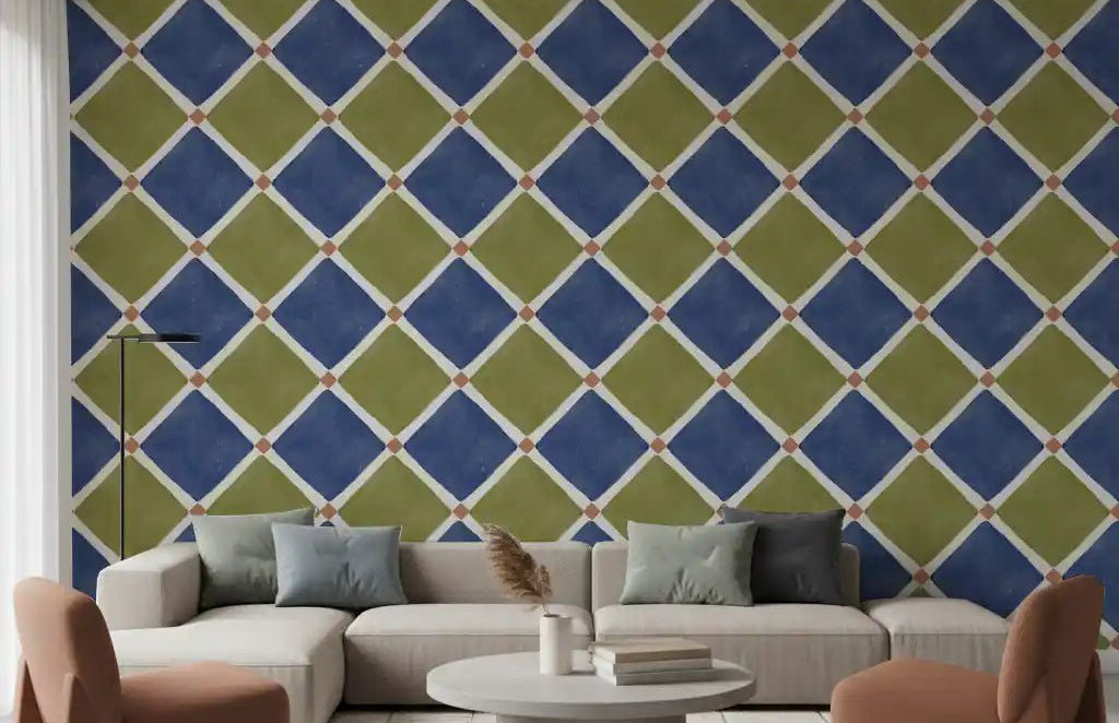 Living room styled with Blue Olive Checkerboard Wallpaper in rustic pattern⁠GD9150