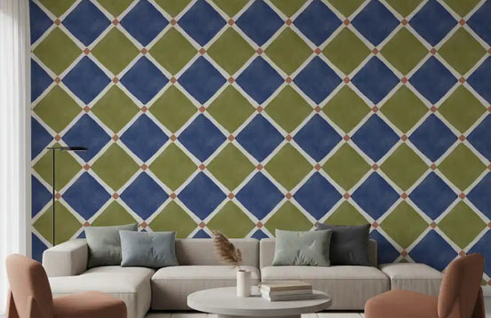 Living room styled with Blue Olive Checkerboard Wallpaper in rustic pattern⁠GD9150