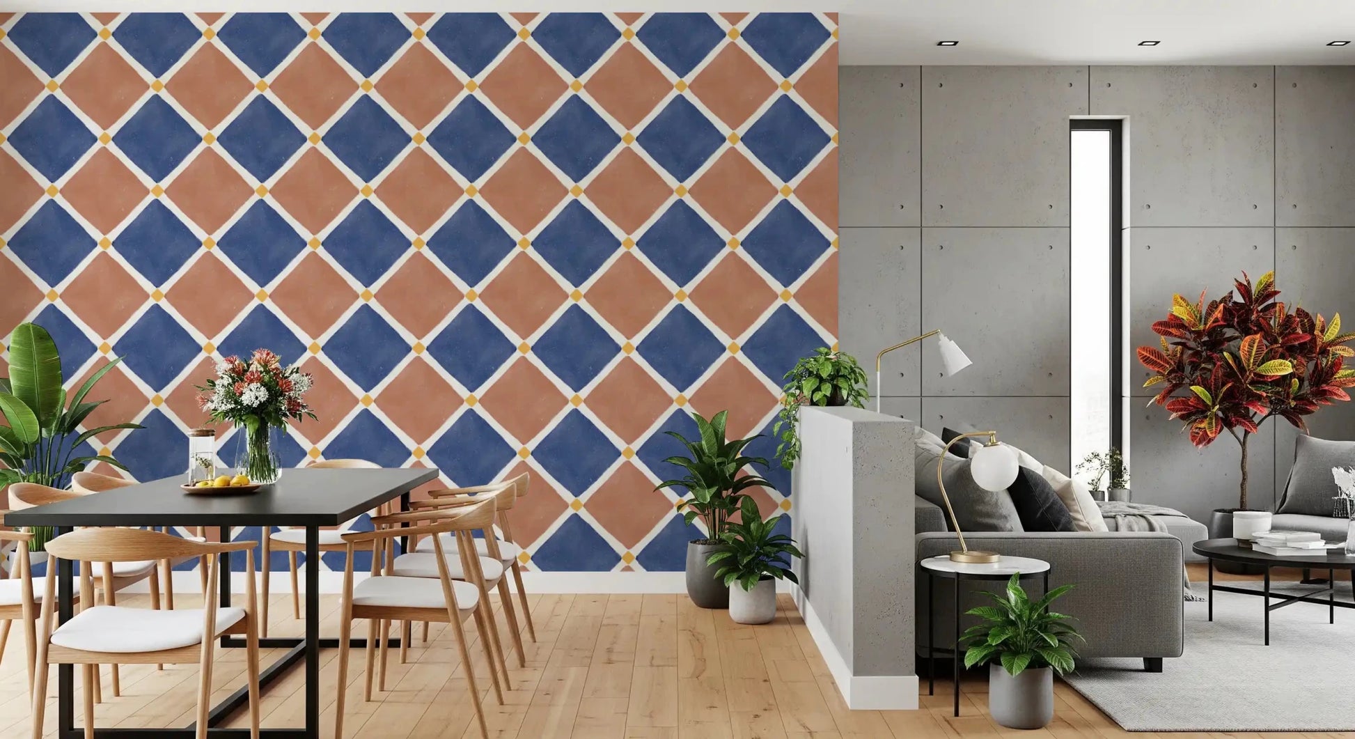 Mediterranean Rustic Checkerboard Aged Decoration - Terracotta - Blue Wallpaper⁠GD9149