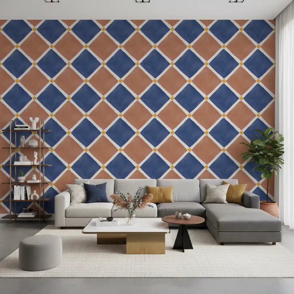 Mediterranean Rustic Checkerboard Aged Decoration - Terracotta - Blue Wallpaper⁠GD9149