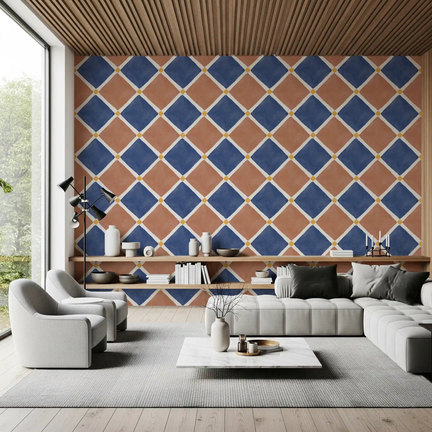 Mediterranean Rustic Checkerboard Aged Decoration - Terracotta - Blue Wallpaper⁠GD9149