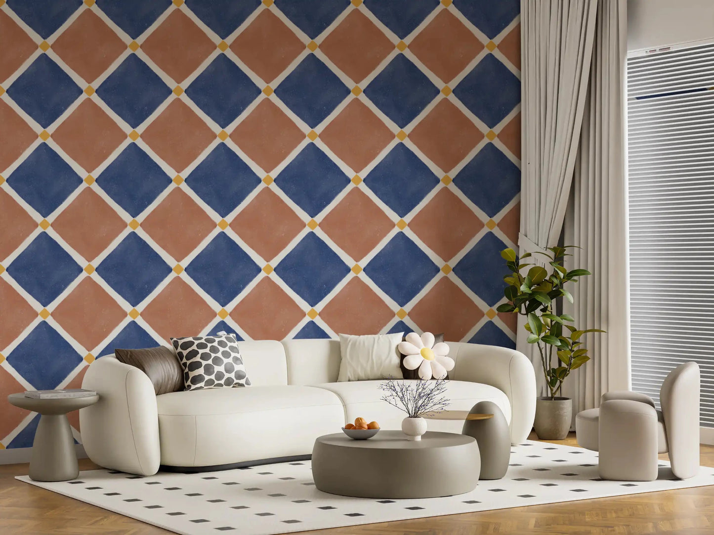 Mediterranean Rustic Checkerboard Aged Decoration - Terracotta - Blue Wallpaper⁠GD9149