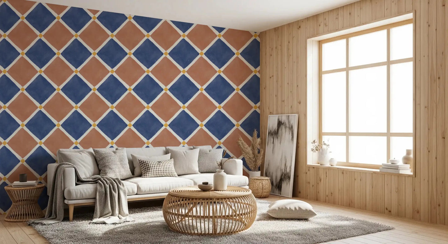 Mediterranean Rustic Checkerboard Aged Decoration - Terracotta - Blue Wallpaper⁠GD9149
