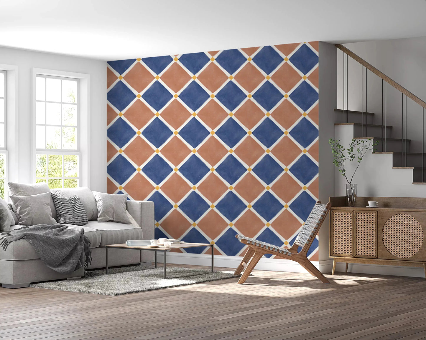 Mediterranean Rustic Checkerboard Aged Decoration - Terracotta - Blue Wallpaper⁠GD9149