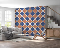 Mediterranean Rustic Checkerboard Aged Decoration - Terracotta - Blue Wallpaper⁠GD9149