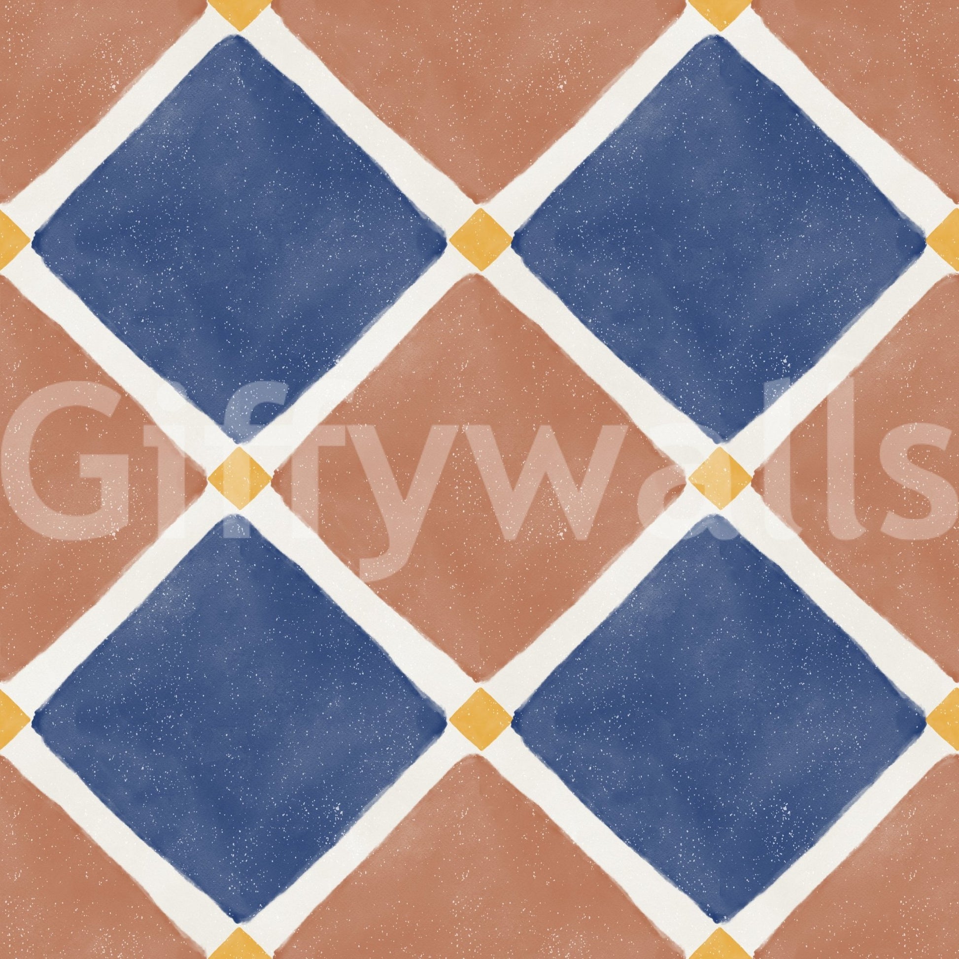 Mediterranean Rustic Checkerboard Aged Decoration - Terracotta - Blue Wallpaper⁠GD9149