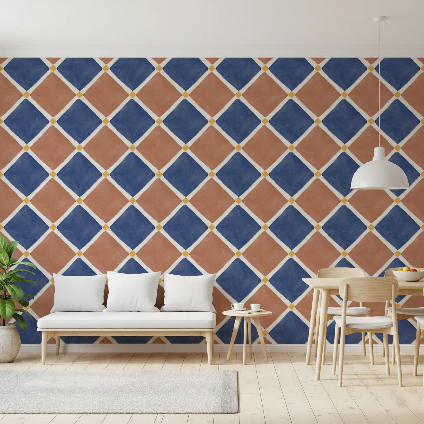 Mediterranean Rustic Checkerboard Aged Decoration - Terracotta - Blue Wallpaper⁠GD9149