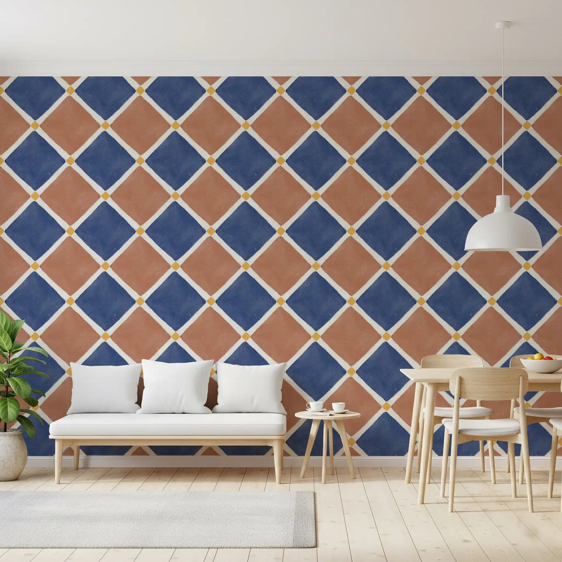 Mediterranean Rustic Checkerboard Aged Decoration - Terracotta - Blue Wallpaper⁠GD9149