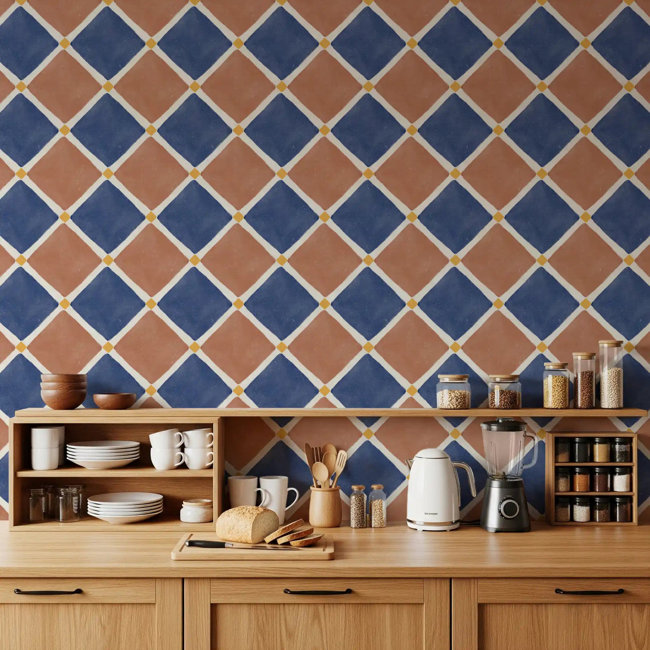 Mediterranean checkerboard wallpaper in kitchen with terracotta blue tiles