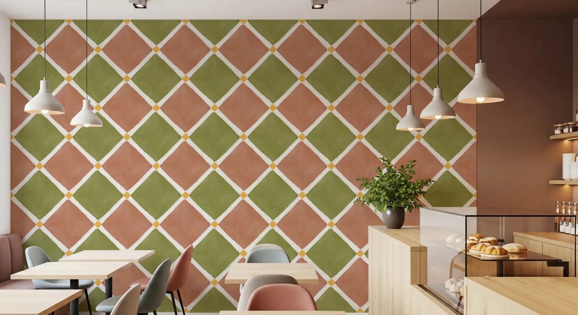 Mediterranean Rustic Checkerboard Aged Decoration - Terracotta - Olive Wallpaper⁠GD9146