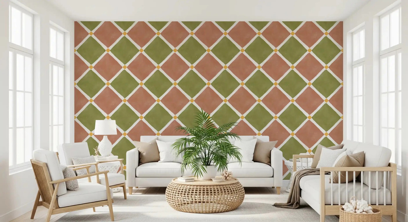 Mediterranean Rustic Checkerboard Aged Decoration - Terracotta - Olive Wallpaper⁠GD9146