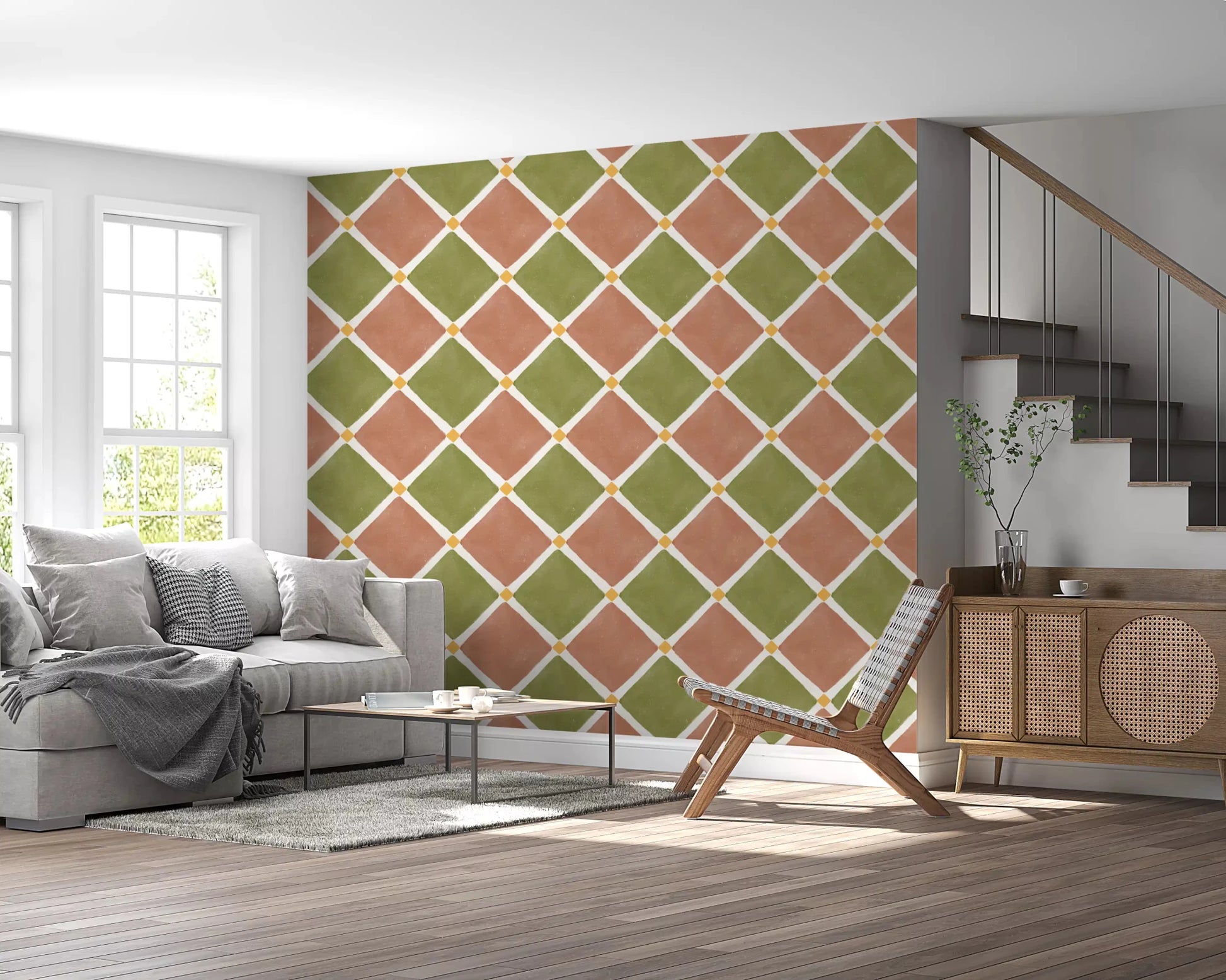 Mediterranean Rustic Checkerboard Aged Decoration - Terracotta - Olive Wallpaper⁠GD9146
