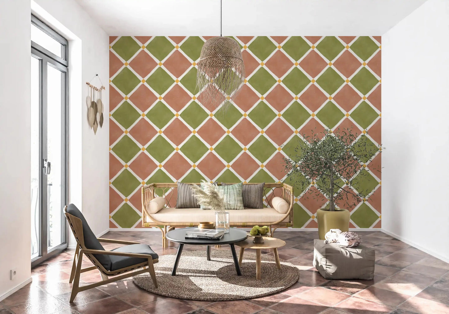 Mediterranean Rustic Checkerboard Aged Decoration - Terracotta - Olive Wallpaper⁠GD9146
