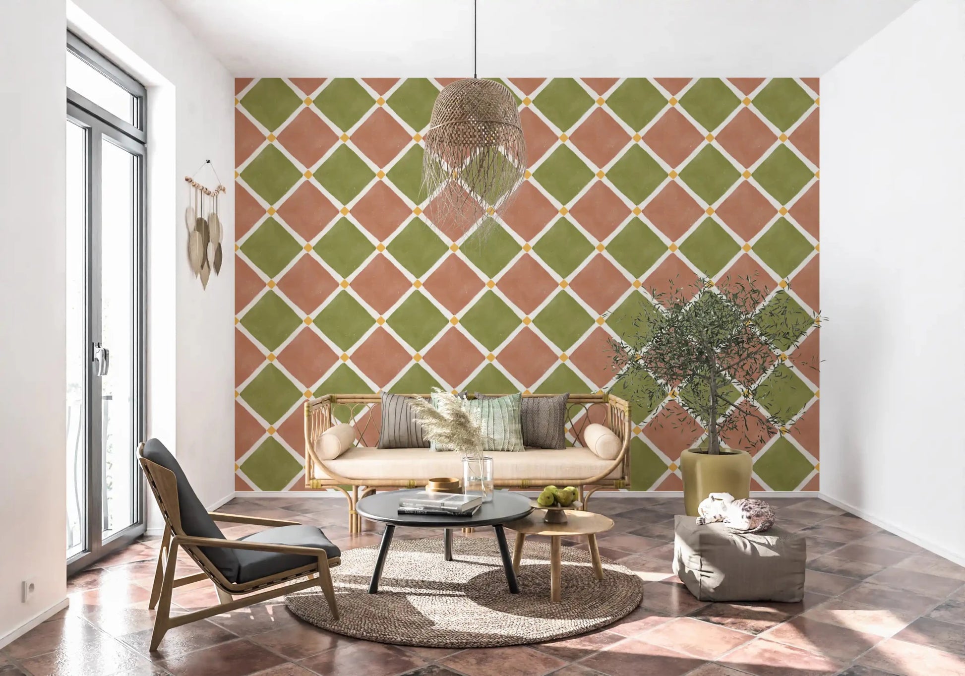 Mediterranean Rustic Checkerboard Aged Decoration - Terracotta - Olive Wallpaper⁠GD9146