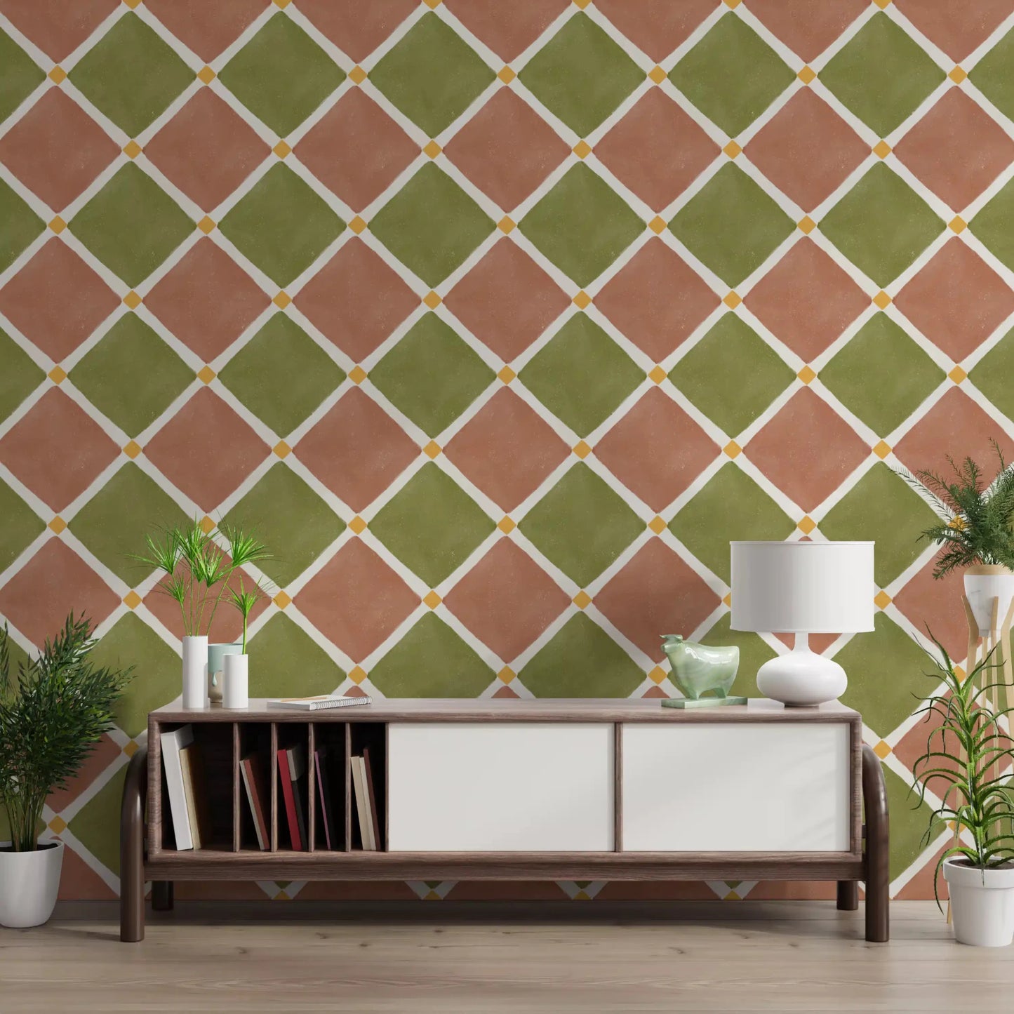 Mediterranean Rustic Checkerboard Aged Decoration - Terracotta - Olive Wallpaper⁠GD9146