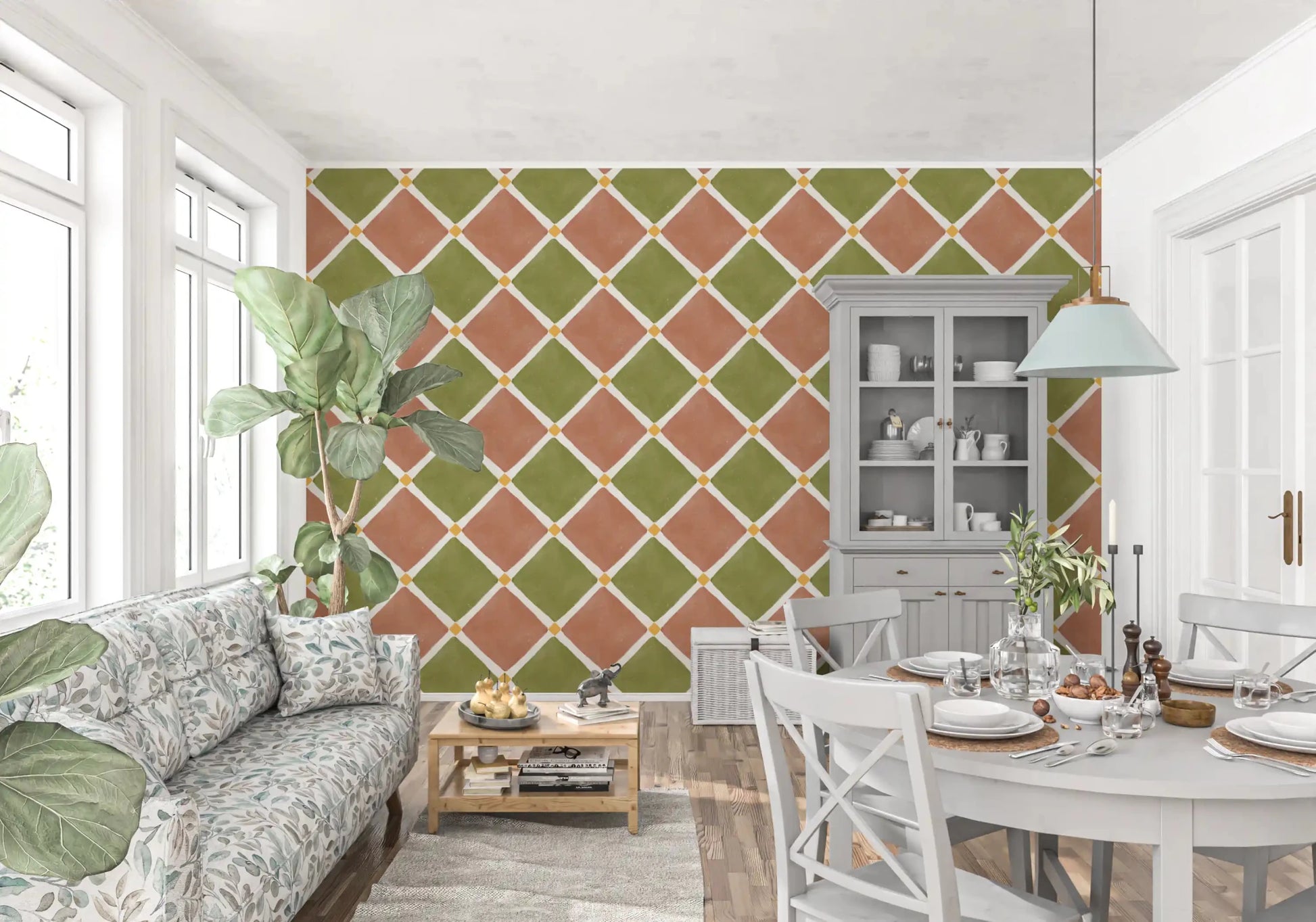 Mediterranean Rustic Checkerboard Aged Decoration - Terracotta - Olive Wallpaper⁠GD9146