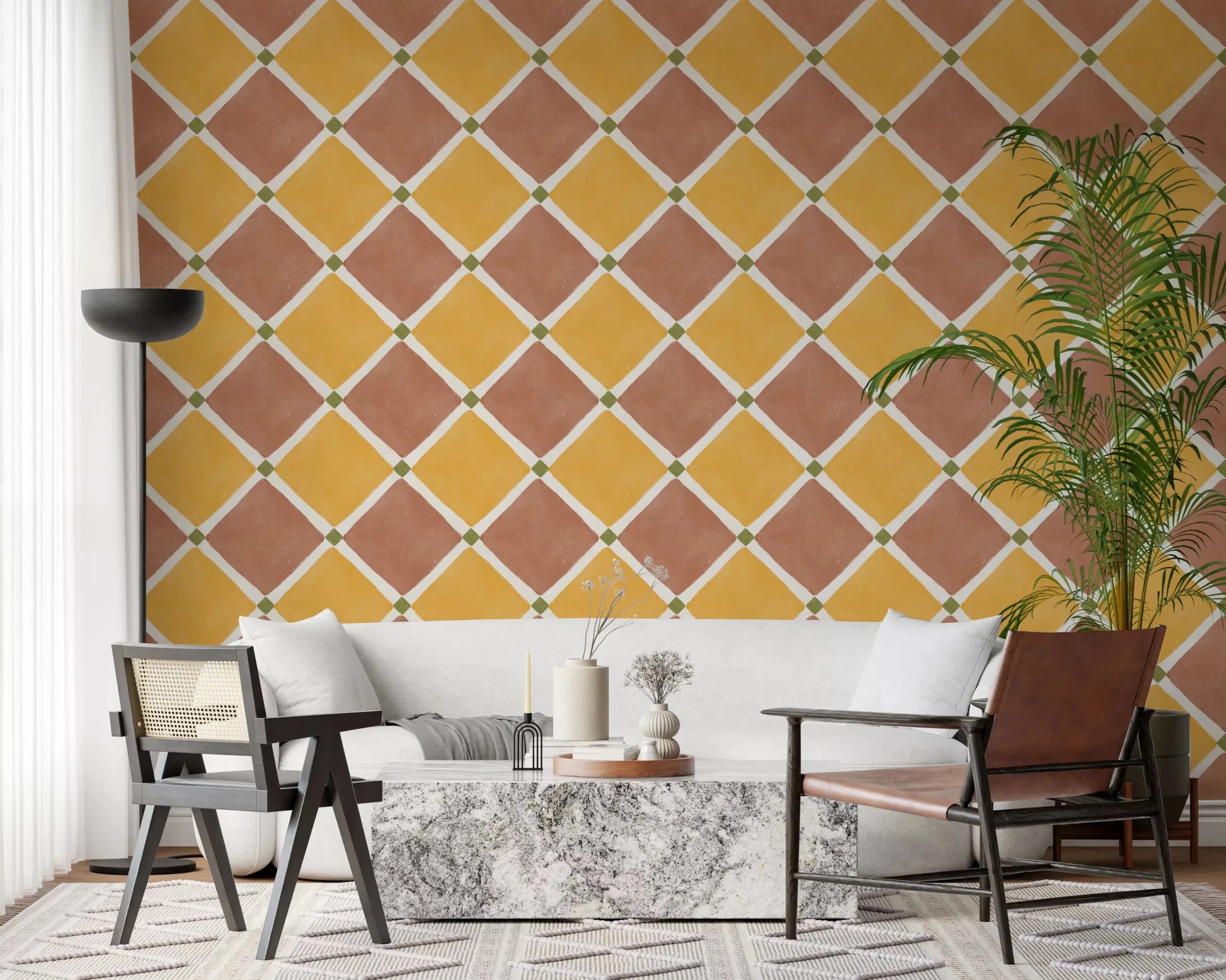 Mediterranean Rustic Checkerboard Aged Decoration - Terracotta - Yellow Wallpaper⁠GD9148