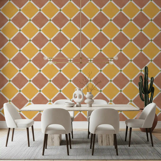 Terracotta Yellow Checkerboard Wallpaper in dining room with soft tile pattern