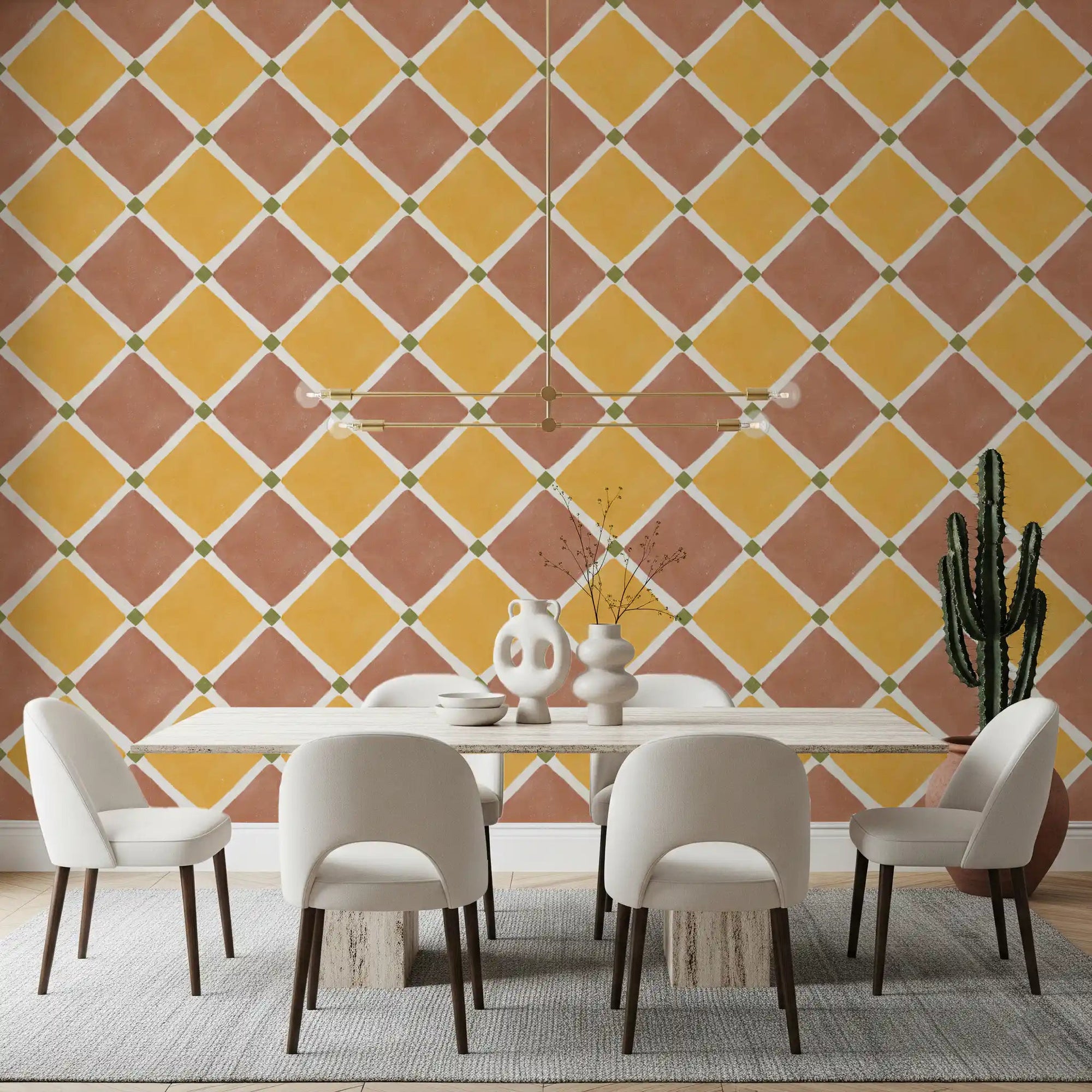 Terracotta Yellow Checkerboard Wallpaper in dining room with soft tile pattern, GD9148