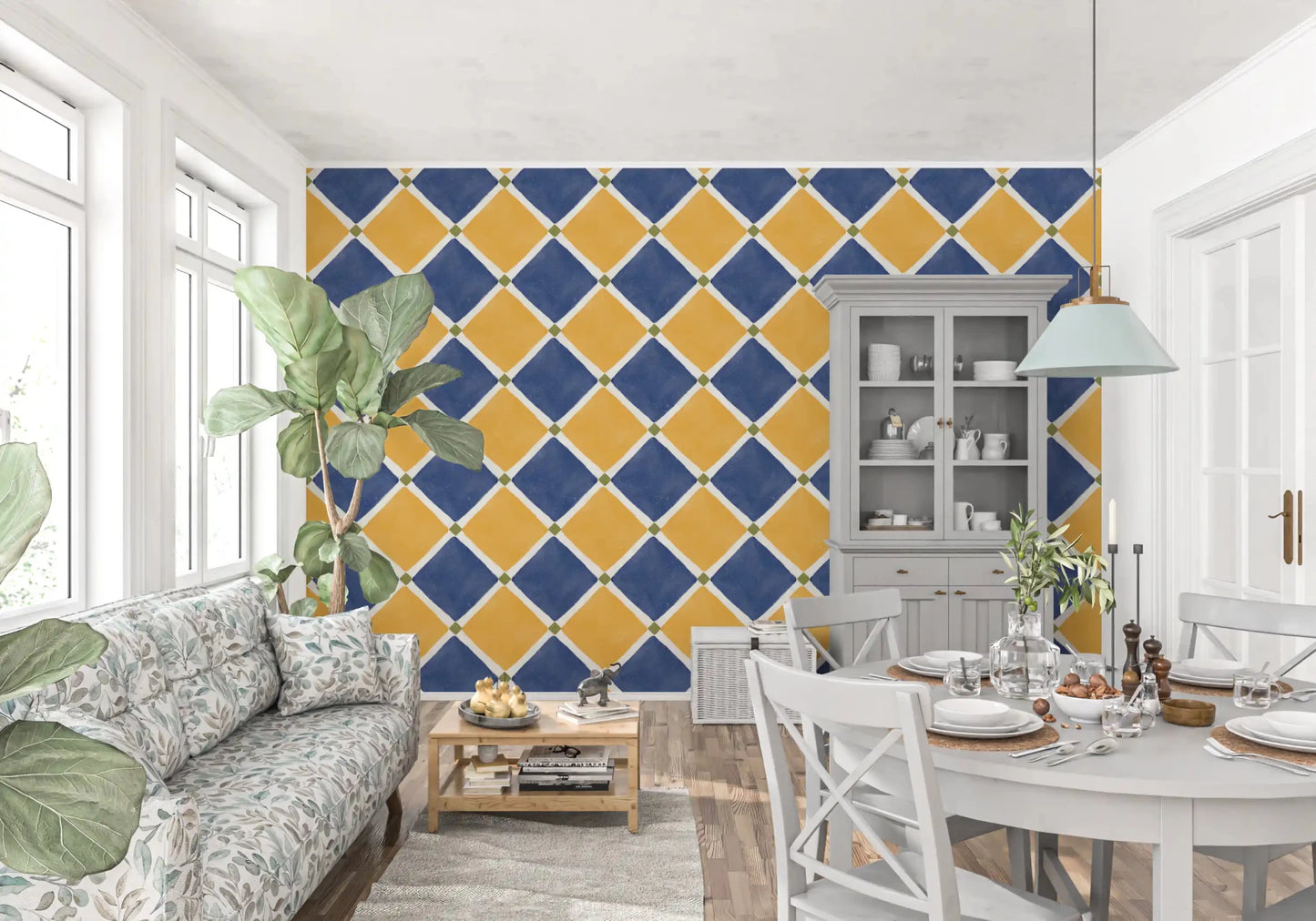 Mediterranean Rustic Checkerboard Aged Decoration - Yellow - Blue Wallpaper⁠GD9147