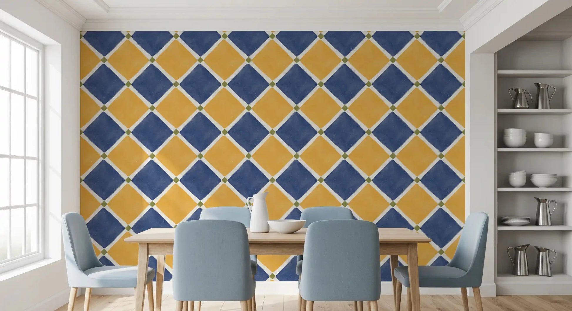 Mediterranean Rustic Checkerboard Aged Decoration - Yellow - Blue Wallpaper⁠GD9147