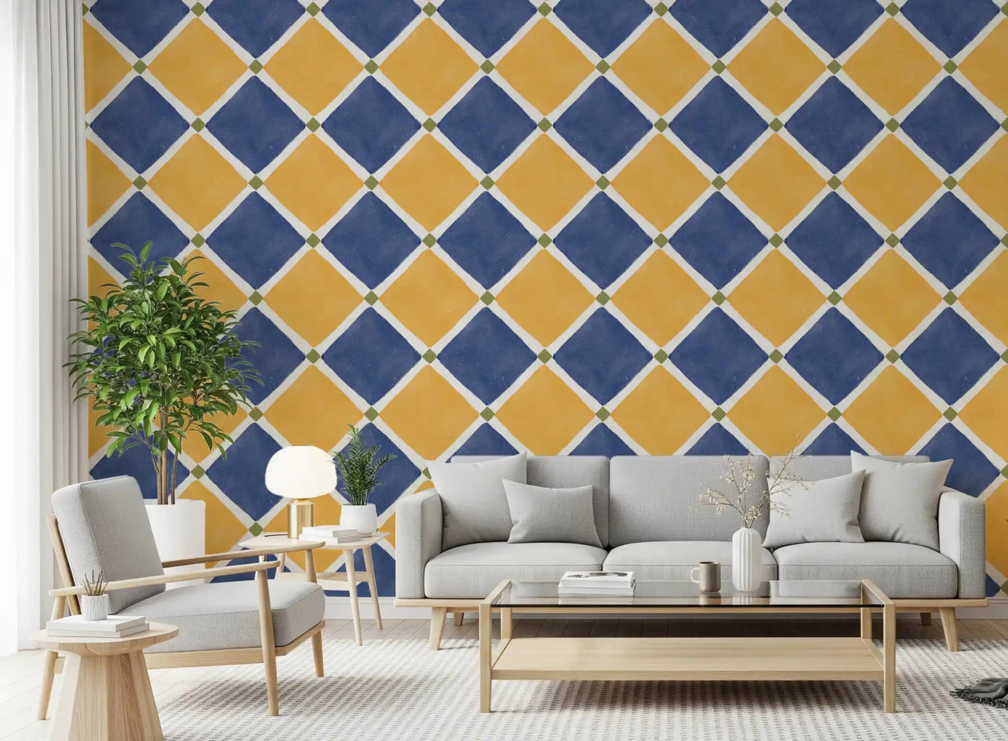Mediterranean Rustic Checkerboard Aged Decoration - Yellow - Blue Wallpaper⁠GD9147