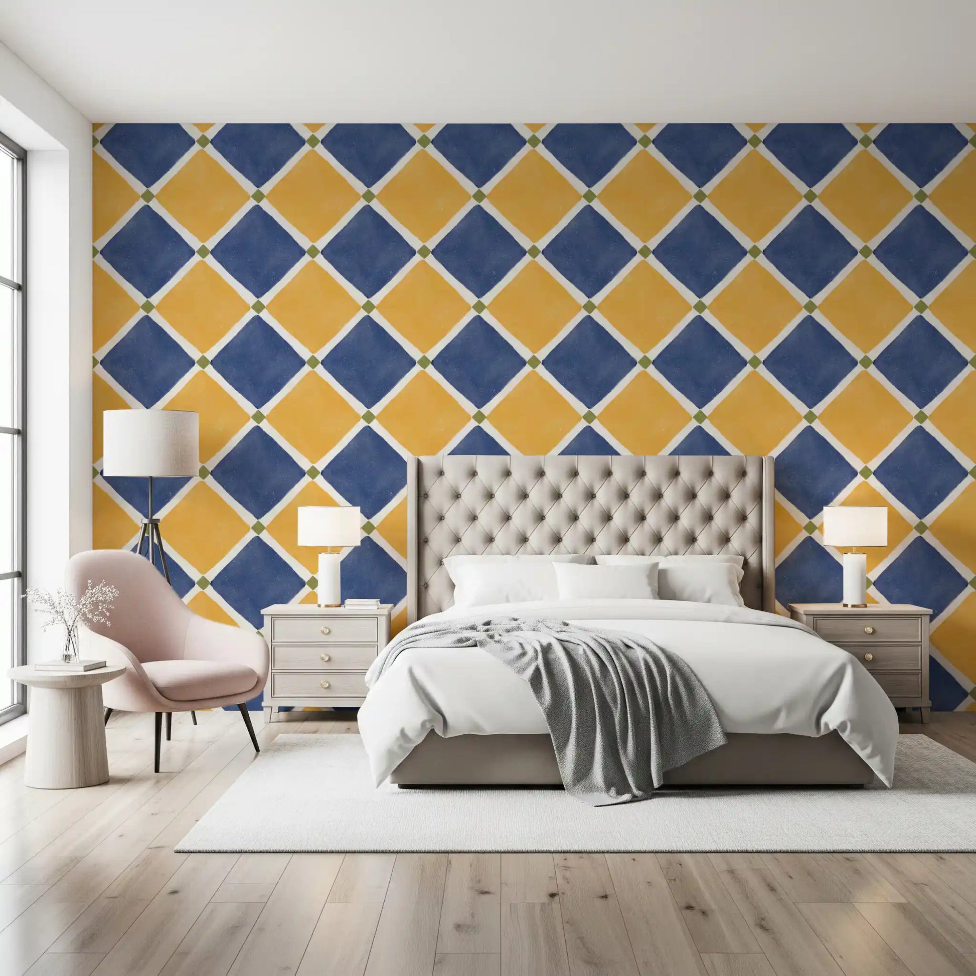 Mediterranean Rustic Checkerboard Aged Decoration - Yellow - Blue Wallpaper⁠GD9147