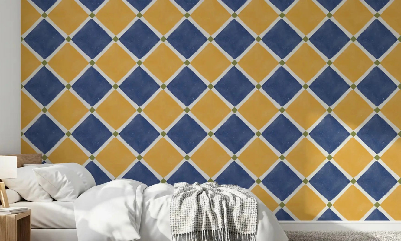 Yellow Blue Wallpaper in bedroom with rustic Mediterranean check pattern