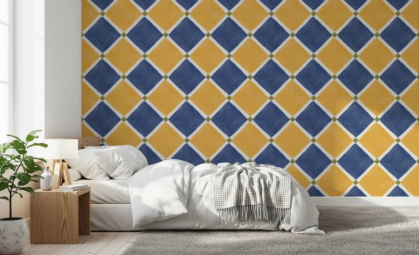 Mediterranean Rustic Checkerboard Aged Decoration - Yellow - Blue Wallpaper⁠GD9147